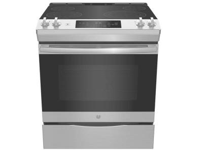 30" GE Electric Slide-In Front Control Range with Storage Drawer in Stainless Steel